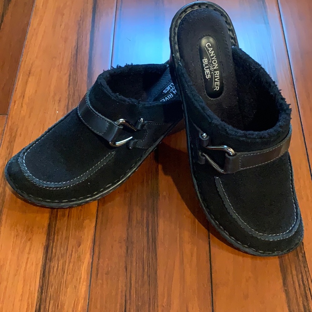 Black suede clogs